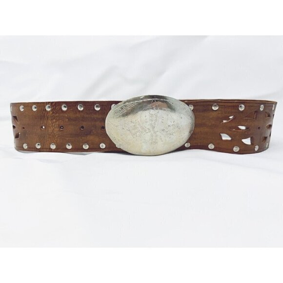 Chico's Sz M Wide Brown GENUINE LEATHER Studded Cowgirl Western Belt Perforated - Picture 4 of 9